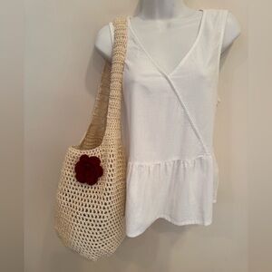 NWOT Handcrafted Cream Crochet Market Bag with Burgundy Accent Flower/Sun/Boho